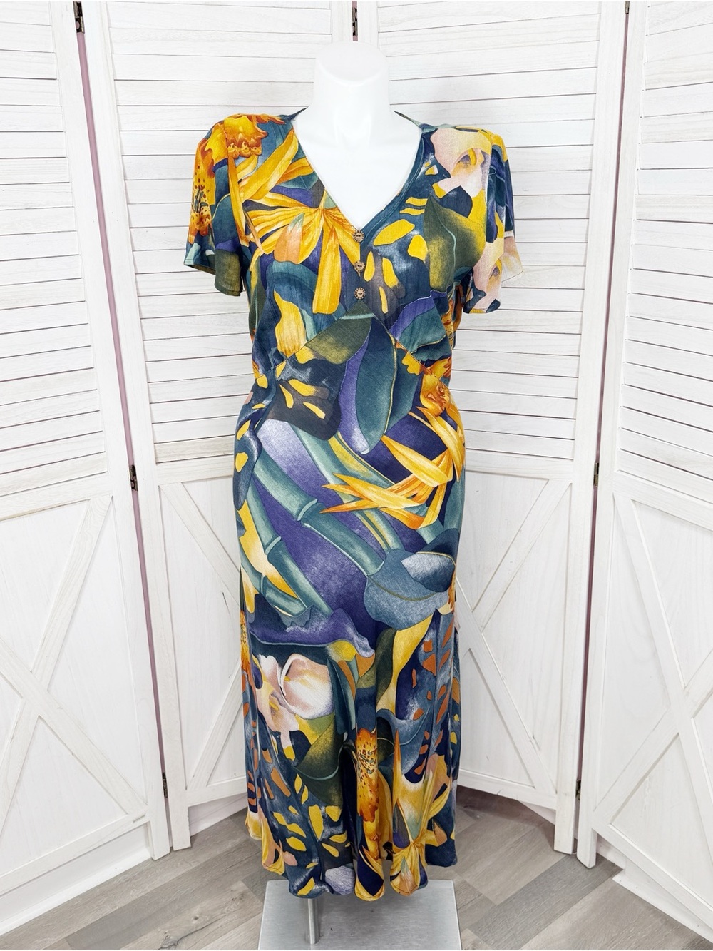 Vintage Y2K Carole Little Tropical Print Maxi Dress Blue Multi Size 14 Boho